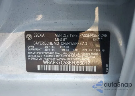 2011 BMW 328I xDrive from USA, damaged, VIN WBAPK7C58BF086812